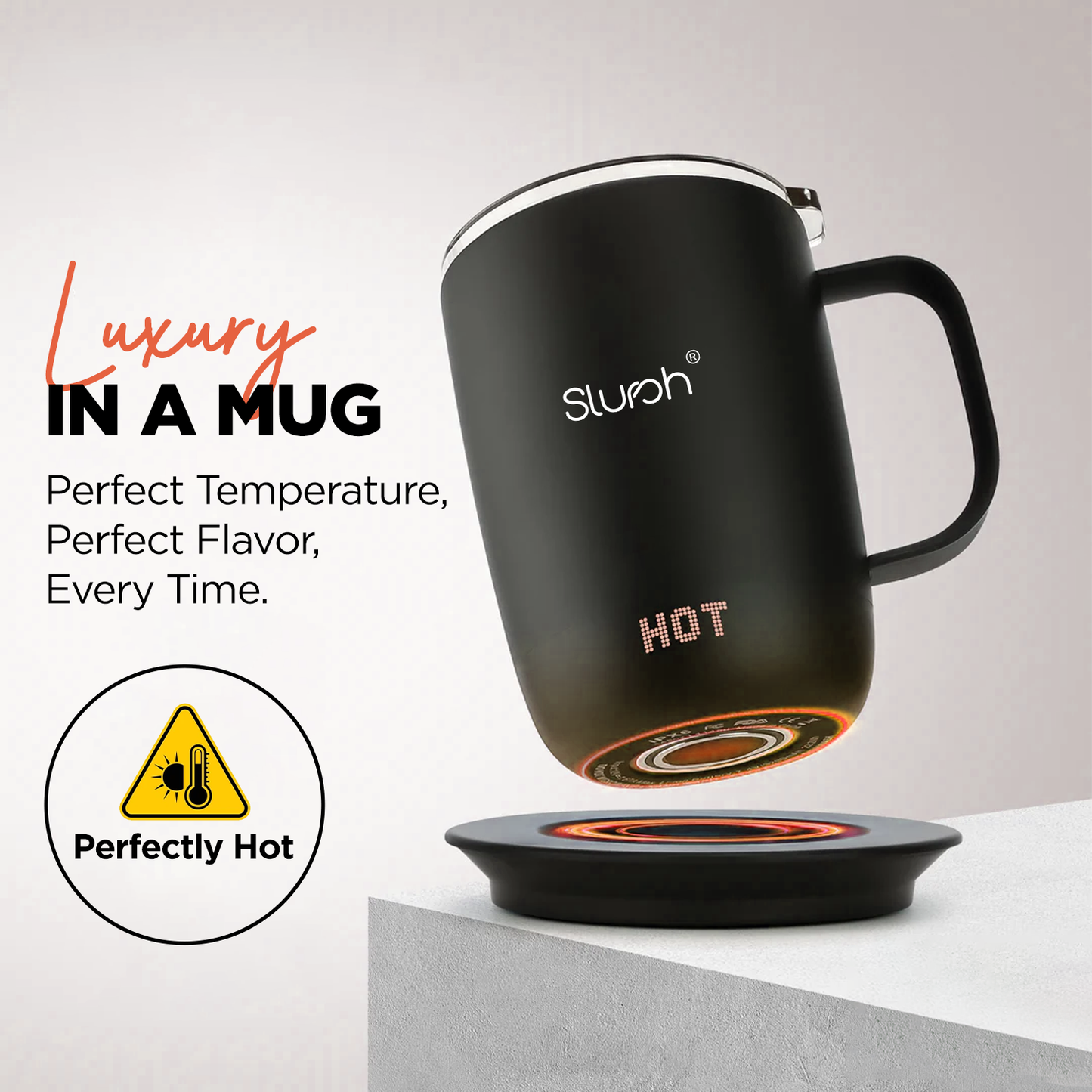 Black Slursh temperature control smart mug with Slursh branding on a white background