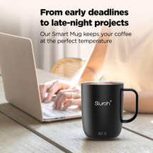Slursh temperature control smart mug with 'Slursh' branding on a desk next to a laptop, with text about temperature control.