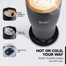 Slursh smart temperature control tumbler  with features highlighted on a white background
