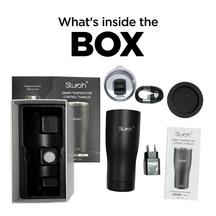 Slursh smart temperature control tumbler set with packaging and accessories on a white background.