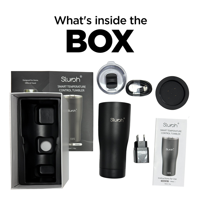 Slursh smart temperature control tumbler set with packaging and accessories on a white background.
