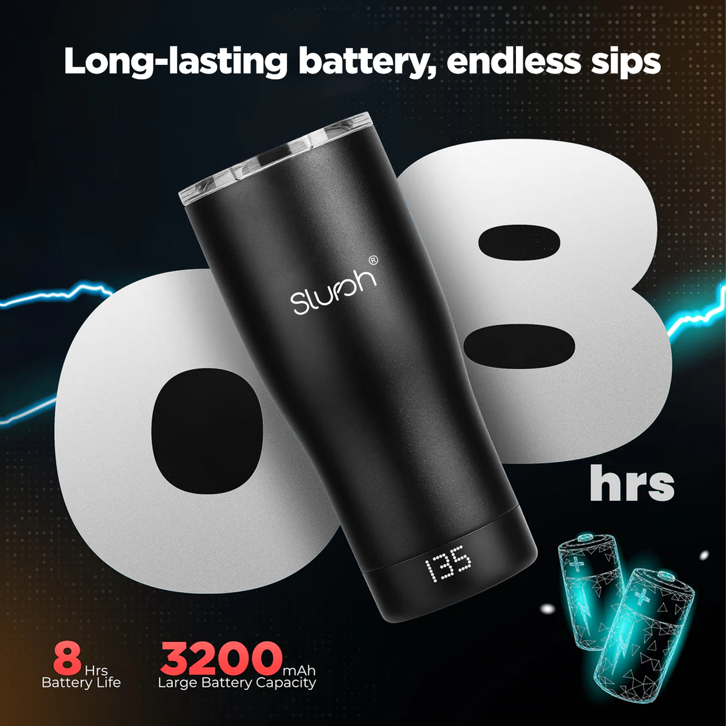 Black Slursh smart temperature control tumbler with digital display on a dark background, featuring the brand 'Slursh'.