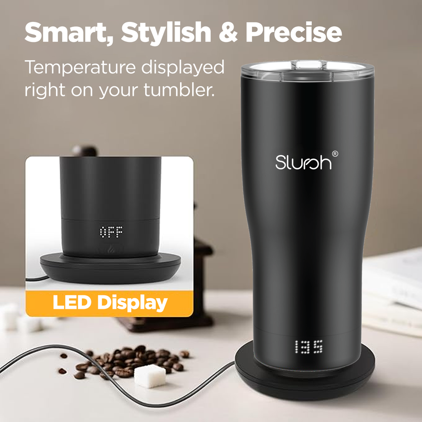 Slursh smart temperature control tumbler  with LED display and Slursh branding on a neutral background