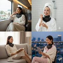 Collage of a woman wearing the Viva Glam LED Neck Therapy Mask in various settings.